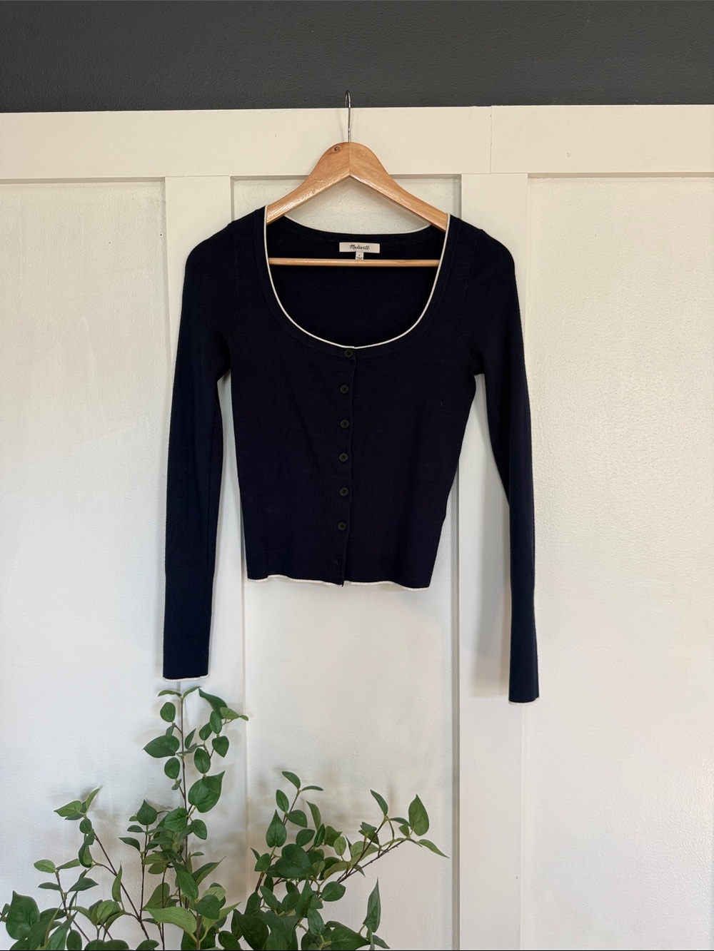 Madewell navy blue button up cardigan with white trim